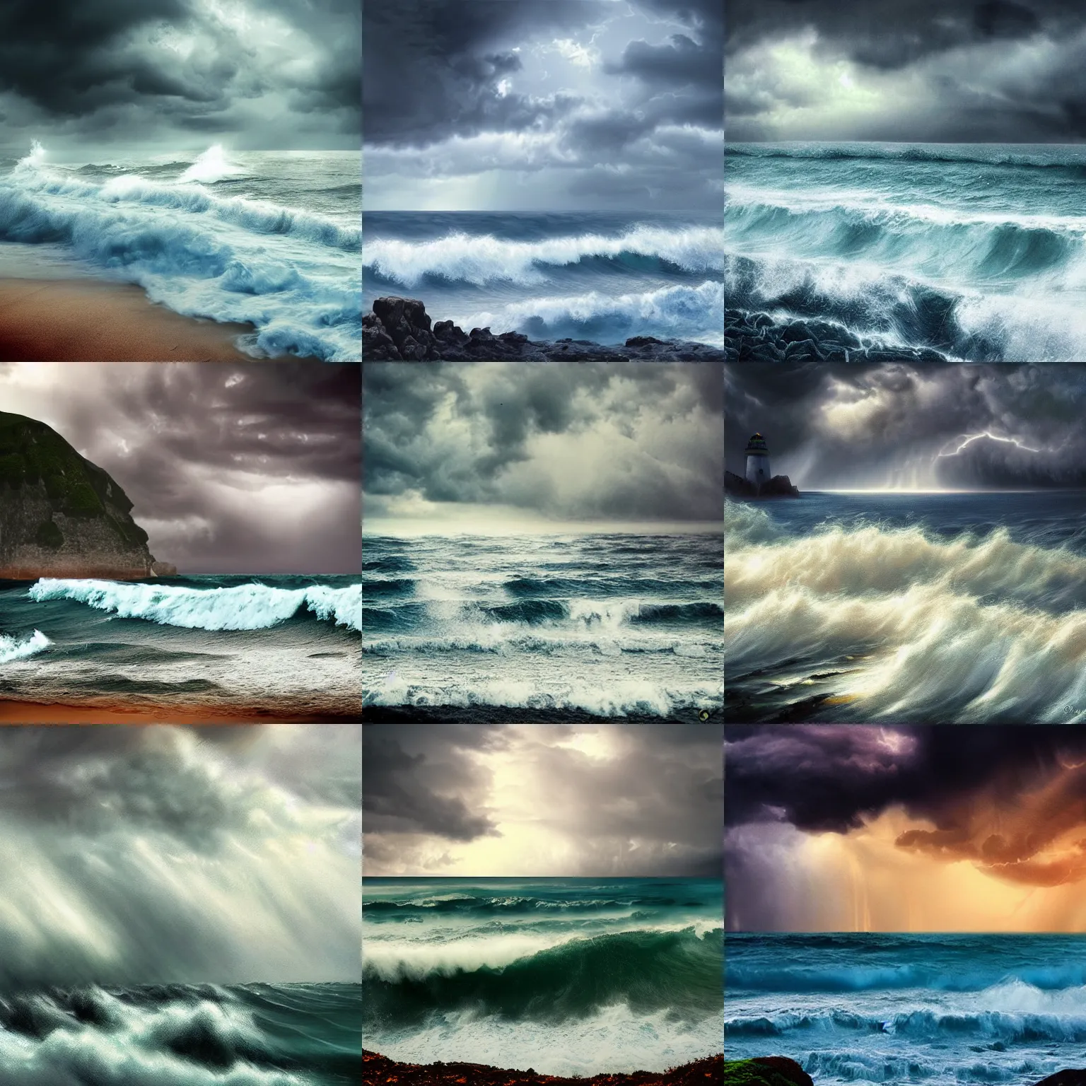 Prompt: stormy coast, ocean, dark clouds, waves, rain, fantasy art