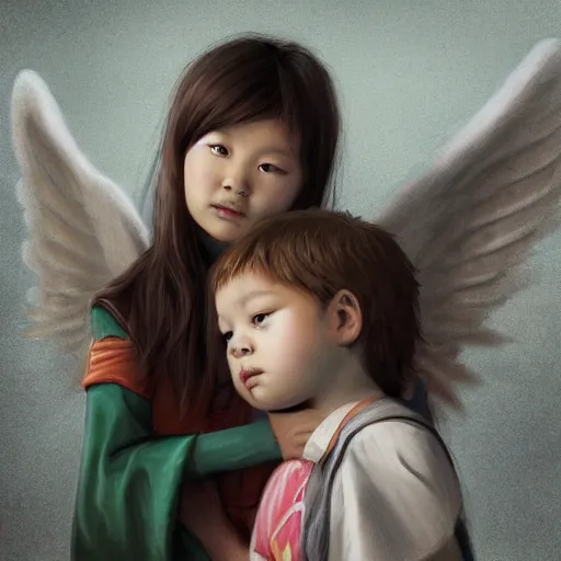 Image similar to Angel protecting child by Lin Chang, very detailed, deviantart, artstation