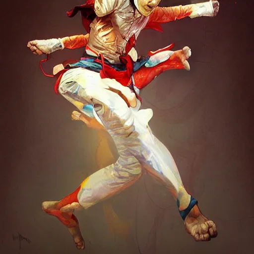 Image similar to martial art clown, dynamic pose, fighting highly detailed, digital painting, artstation, concept art, matte, sharp focus, illustration, art by Artgerm and Greg Rutkowski and Alphonse Mucha