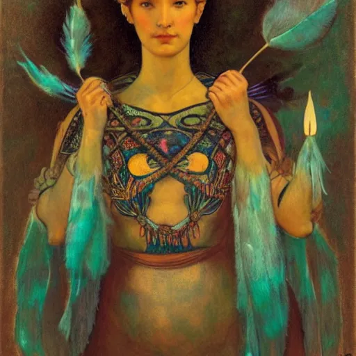 Prompt: queen of the dawn with her lantern, by Annie Swynnerton and Nicholas Roerich and Diego Rivera, bioluminescent skin, feather tattoos, elaborate costume, geometric ornament, symbolist, soft colors, smooth, sharp focus, extremely detailed