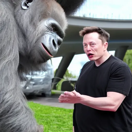 Image similar to Elon Musk angrily discusses with a silverback gorilla about the spaceship design, the spaceship in the background has the shape of a banana, real picture,