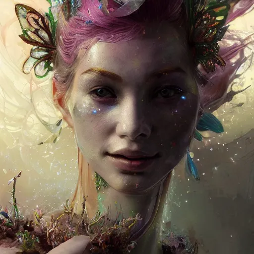 Prompt: face 1 1 1 closeup of magical fairy flowers mffkt and ice velvet, vgbftk, diamonds, angels, 3 d render, hyper - realistic detailed portrait, holding fire and electricity rainbow, ruan jia, wlop. scifi, fantasy, magic the gathering, hyper detailed, octane render, concept art, peter mohrbacher c 2 0
