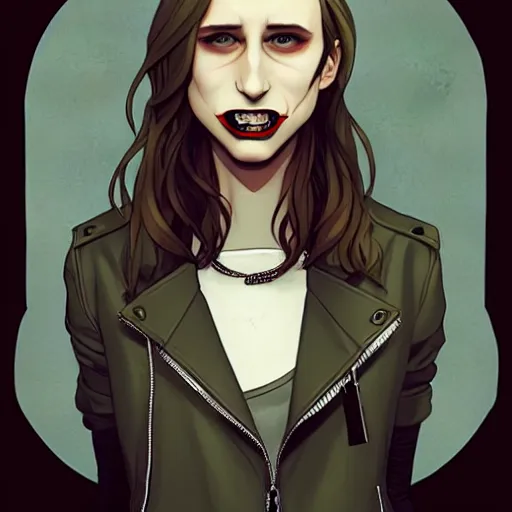 Image similar to pretty female Taissa Farmiga vampire, Jamie McKelvie comic art, Peter Mohrbacher sharp vampire teeth, sarcastic smile showing teeth, symmetrical eyes, realistic face, symmetrical face, brown leather jacket, jeans, long black hair, full body