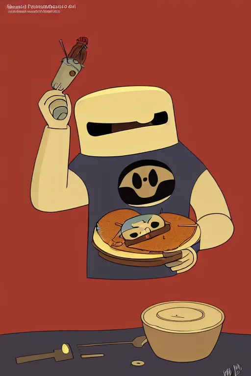 Image similar to mf doom making pancakes in style of adventure time, animation pixar style, by ( ( ( pendleton ward ) ) ), magali villeneuve, artgerm, rob rey and kentaro miura style, golden ratio, trending on art station