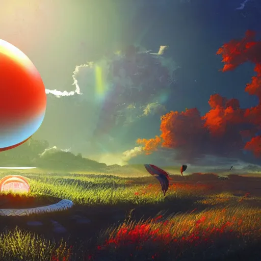 Image similar to the solarpunk phoenix, red bird, ornate egg, regeneration, landscape, epic composition, volumetric light, bokeh, painting by ilya kuvshinov and by makoto shinkai