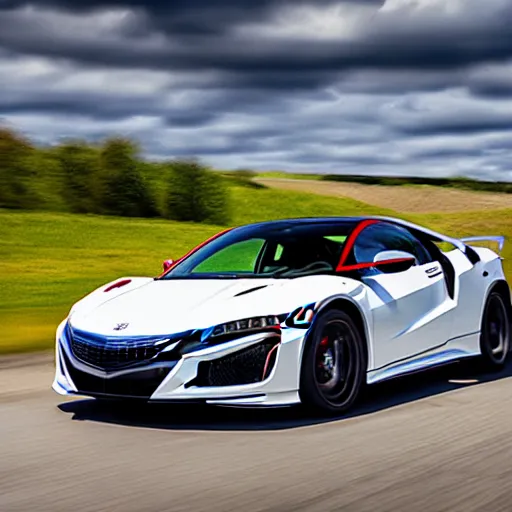 Prompt: nsx type r in white, action photo