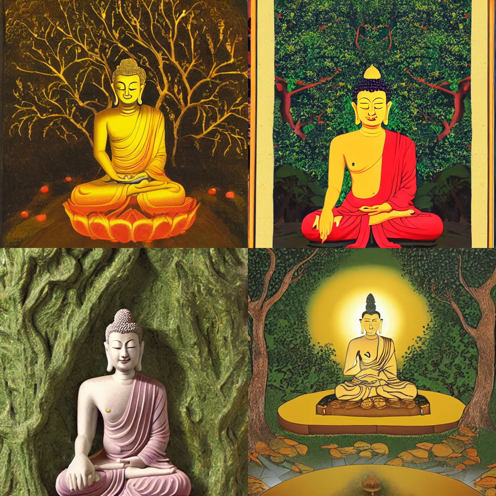 Prompt: Buddha meditating under fig tree at the night of his enlightenment