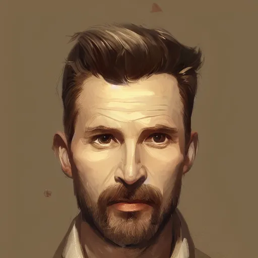 Image similar to Portrait of a man by Greg Rutkowski, he is about 40 years old, short blond quiff hair, trimmed beard, roman nose, wearing beige sweater, smart appearance, highly detailed portrait, digital painting, artstation, concept art, smooth, sharp foccus ilustration, Artstation HQ.