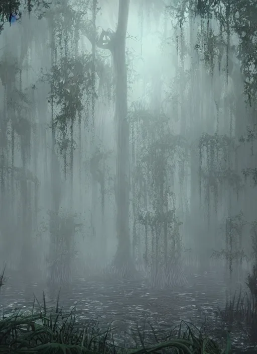 Prompt: a swamp with vines, hidden overgrown ruins, foggy, atmospheric, misty, moebius, detailed, digital art, trending on artstation