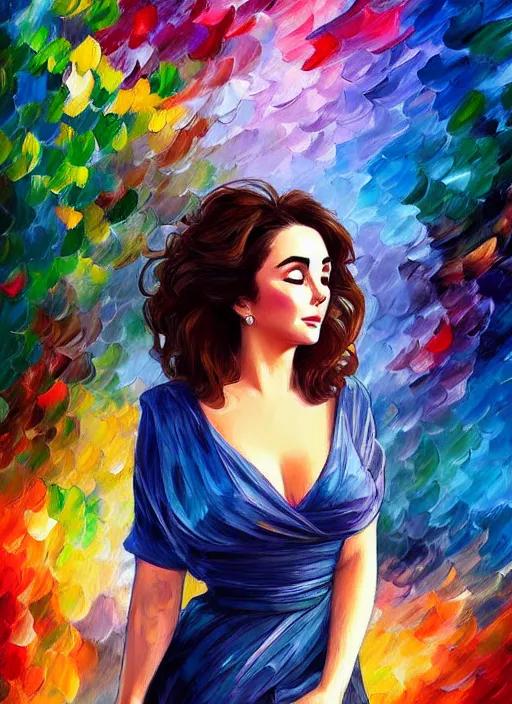 Image similar to elizabeth taylor detailed clothing, half body shot, arms down, path traced, highly detailed, high quality, digital painting, alena aenami, leonid afremov, lilia alvarado, shinji aramaki, karol bak, alphonse mucha, tom bagshaw