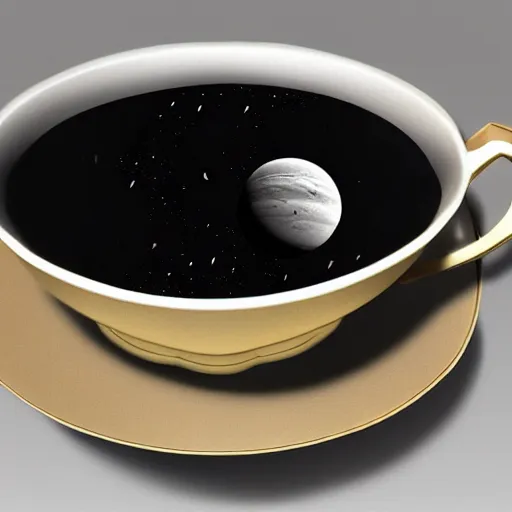 Image similar to a teacup containing a planet Jupiter as a boiling liquid, hyper realistic