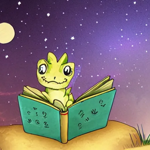 Prompt: cute dragon reading a book under the stars