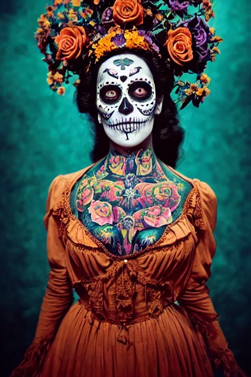 Image similar to 1 9 4 0's virgin mary dia de muertos dress and make up, horrific beautiful vibe, evocative, atmospheric lighting, painted, intricate, highly detailed, leesha hannigan, wayne haag, reyna rochin, ignacio fernandez rios, mark ryden, iris van herpen, stunning, gorgeous, sharp focus, cinematic, masterpiece