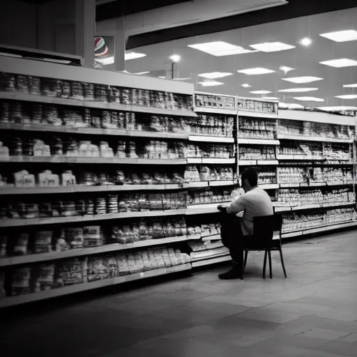 Image similar to a man in a store at 3 in the night he's bored and sitting on his chair working on a supermarket and there's only one light on