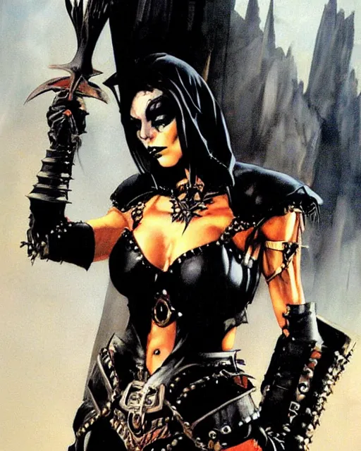 Image similar to portrait of a skinny punk goth sorceress wearing armor by simon bisley, john blance, frank frazetta, fantasy