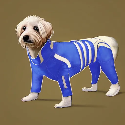 Image similar to a dog in an adidas full body suit, digital art