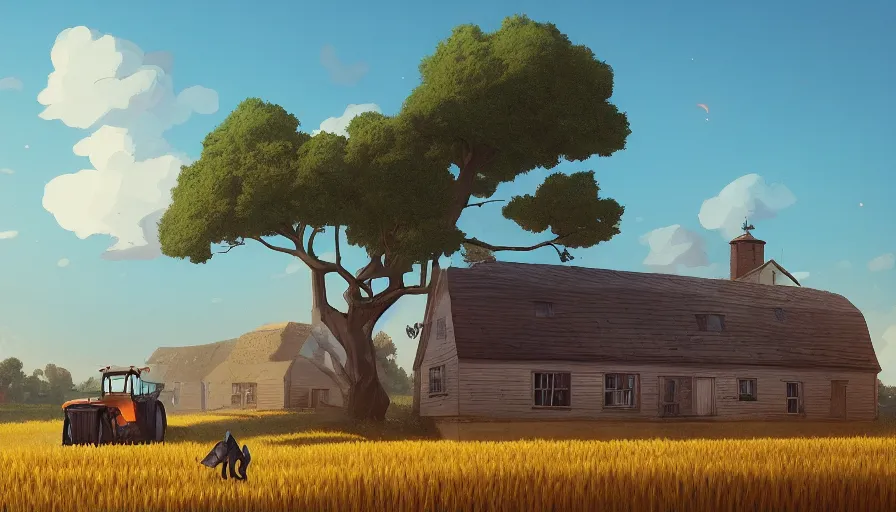 Image similar to gigantic cat next to the small house, wheat field harvesting, big tree, matte painting, art station, blue sky, simon stalenhag