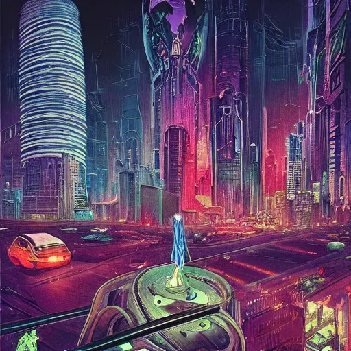 Image similar to ultra detailed gothic cyberpunk cityscape with cars, floating bike, high rise tower, neon atmospheric lighting, people in futuristic getup, by jean giraud - w 1 2 1 6