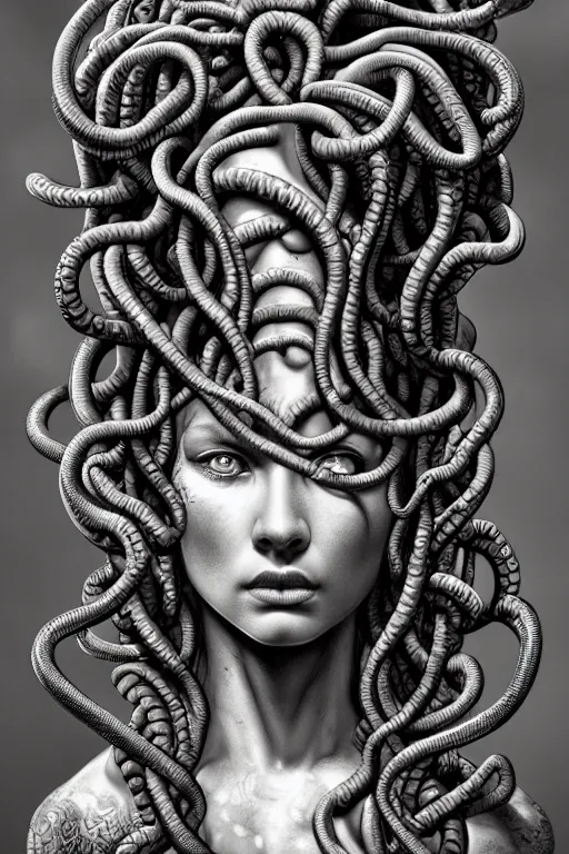 Image similar to medusa gorgon, detailed, highly detailed, hyper detailed, high definition, graffiti, beautiful composition, trending on artstation, award - winning photograph, masterpiece, intricate, portrait, 8 k highly professionally detailed, hdr, cgsociety