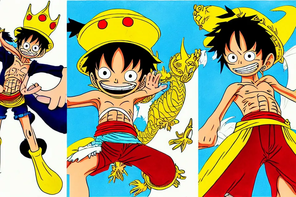 Image similar to concept sketches of luffy wearing a gold crown riding a large dragon by jamie hewlett, in the style of megaman, micro detail, disney cartoon