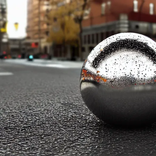 Image similar to chrome blob splattered on asphalt city street photorealistic wonderful render unreal macro closeup