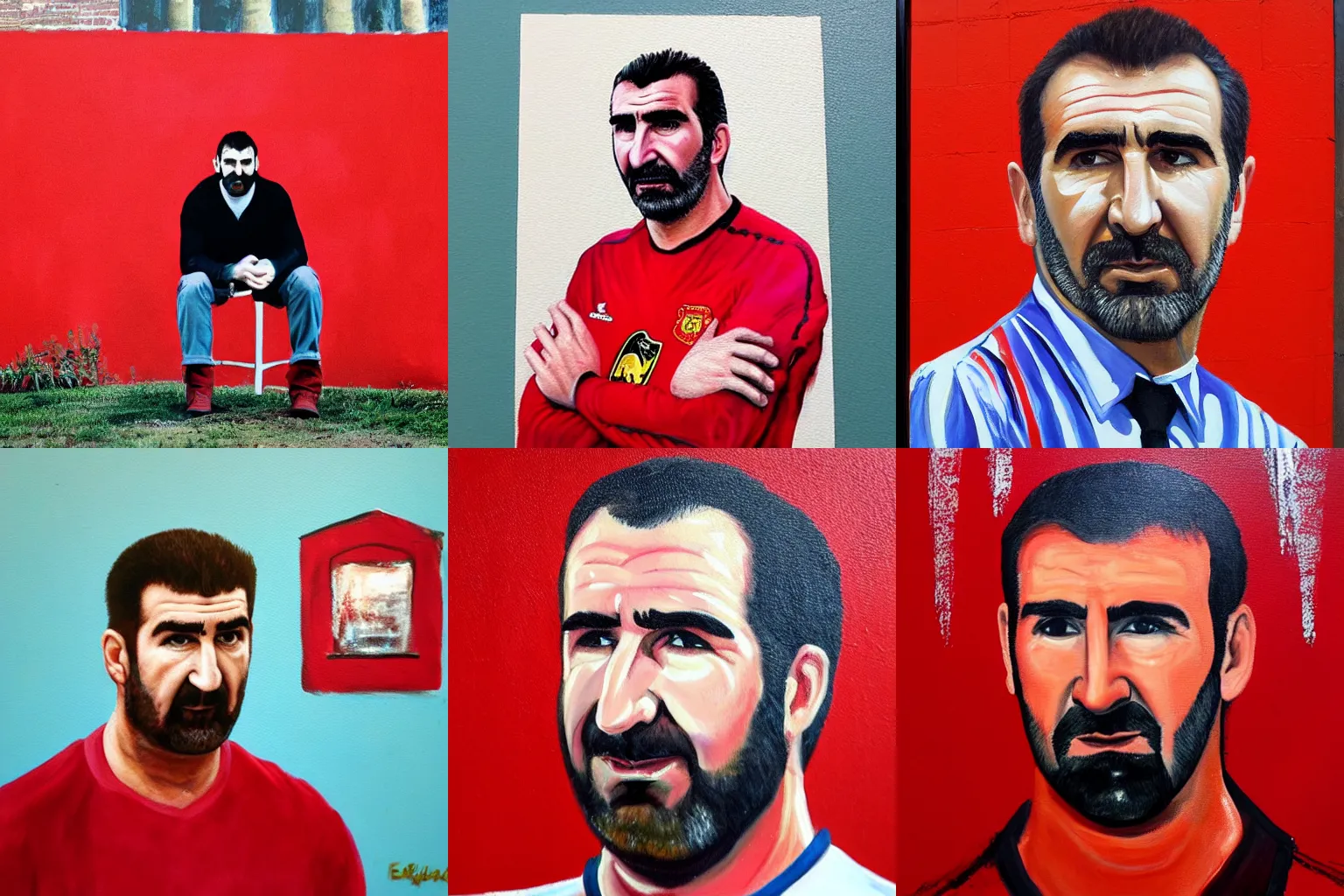 Image similar to a painting of Eric Cantona, in front of a red wall, dripping.