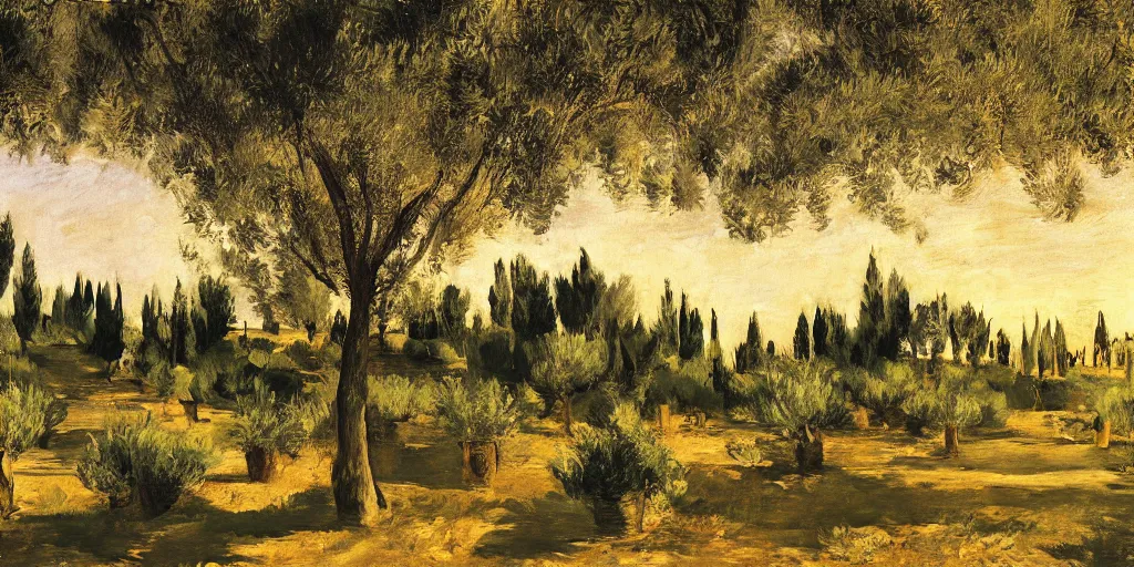 Image similar to flourishing blooming garden full of olive trees in italy, painting by manet, matte painting, canvas, 4 k, 8 k, high detail, golden hour, sunset, epic light, shadows, contrast,