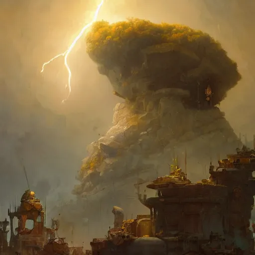 Image similar to Bright explosive Birth of Athena from the head of lightning god Zeus, hyperrealism, no blur, 4k resolution, ultra detailed, style of Tyler Edlin, Carl Spitzweg ,Dragan Bibin , Peter Mohrbacher, Ismail Inceoglu