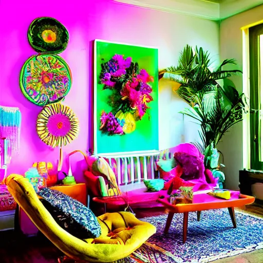 Prompt: a neon bohemian room, highly realistic, photo