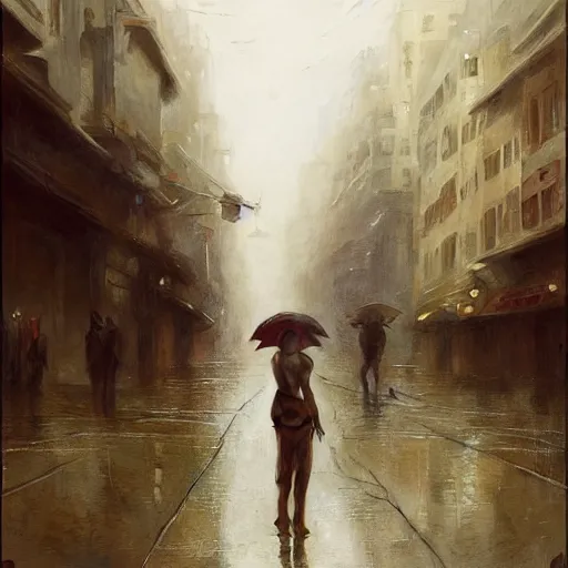 Image similar to a beautiful picture of a space opera street under rain by william - adolphe bouguereau and greg rutkowski, low angle shot, trending on artstation