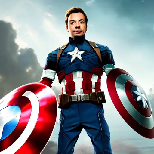 Prompt: jimmy fallon as captain america, avengers endgame movie, movie still, 8 k