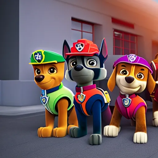 Image similar to paw patrol as real life human characters, furry, photorealistic, cinematic, 3 5 mm