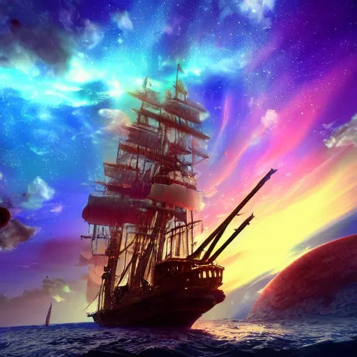 Image similar to pirate ship floating in space, colorful nebula, cinematic, unreal engine