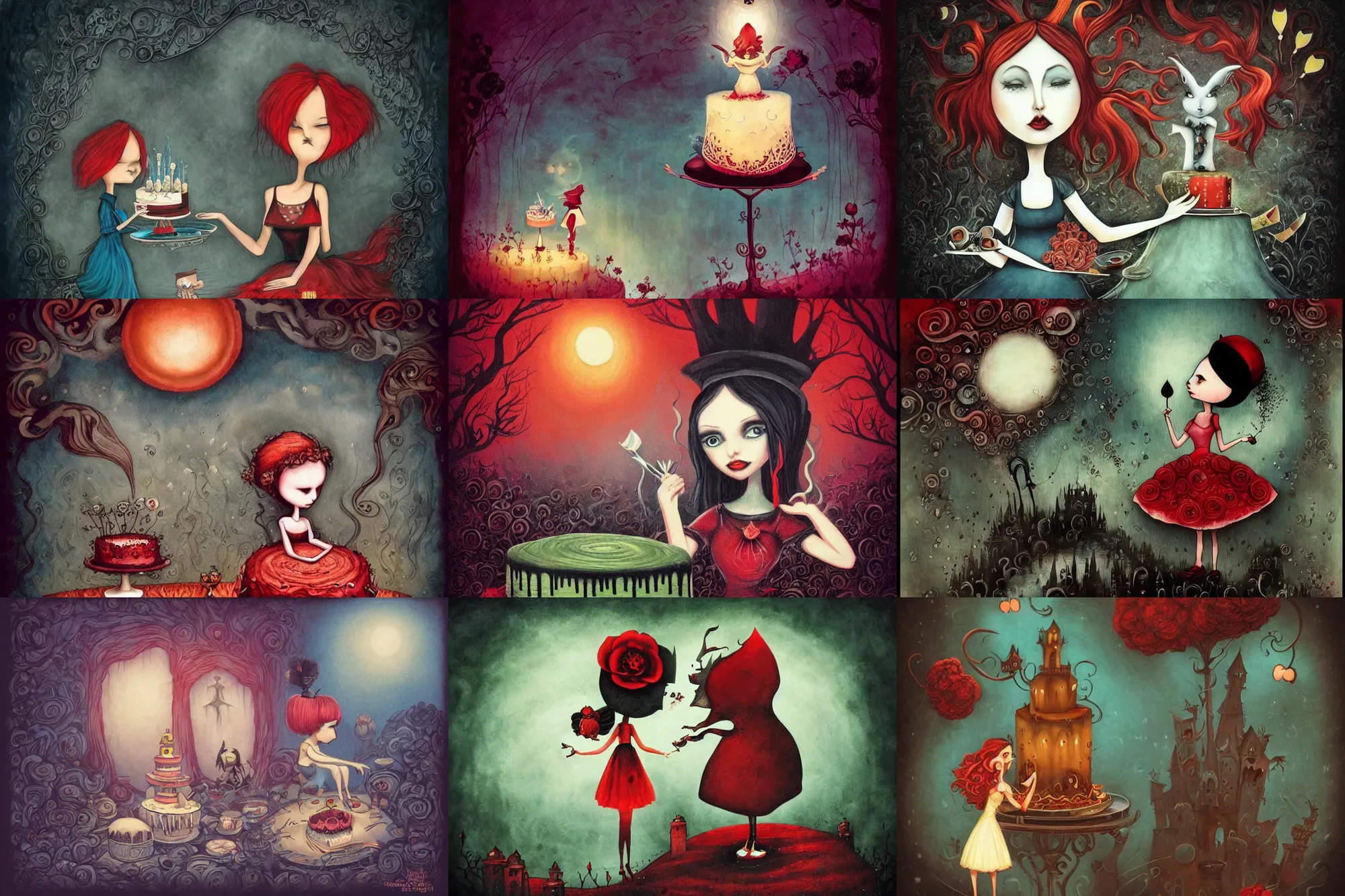Prompt: Alice eats a cake and grows large, dramatic, art style Megan Duncanson and Benjamin Lacombe, super details, dark dull colors, ornate background, mysterious, eerie, sinister