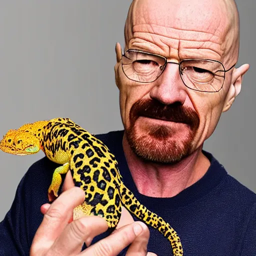 Image similar to walter white holding a leopard gecko