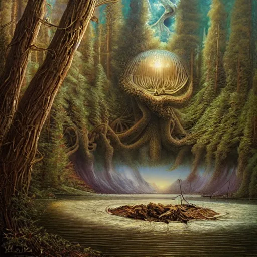 Prompt: squid lake. art by tomasz alen kopera.