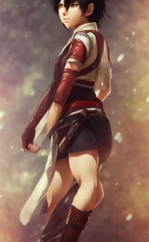 Image similar to mikasa ackerman, hero pose, medium shot, bokeh, beautiful face!!!!, 2 7 years old, cg animation, lifelike, animated, realistic, character select portrait, by artgerm, greg rutkowski, alphonse mucha, 3 d