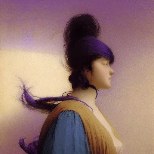 Image similar to a young woman's face, her hair is white and she wears an indigo purple satin cloak, by ivan aivazovsky and syd mead and moebius and gaston bussiere and roger dean and pieter claesz and paul delaroche and alma tadema and aelbert cuyp and willem claesz, hyperrealistic, volumetric light, octane render