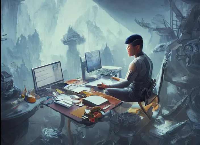 Image similar to an insanely detailed painting of an asian man wearing a homemade superhero costume, sitting at a desk, staring at the nervously at the computer and typing, in the style of peter mohrbacher, dramatic lighting and composition, surreal background, octane render, pixar, trending on artstation, concept art, comic book, view from behind