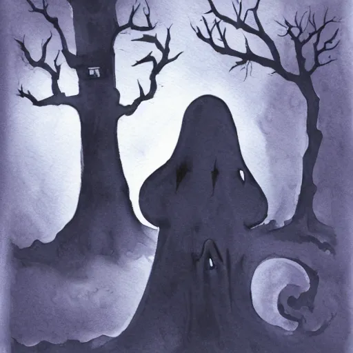 Prompt: A very spooky ghost haunting discord and tugging, watercolor, Halloween, dark background, foreboding, ominous