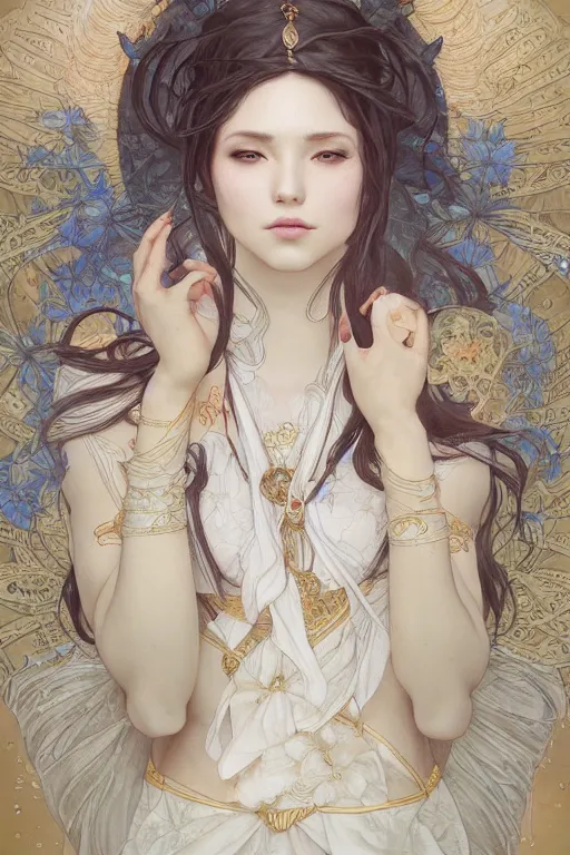 Image similar to full body emotional meditation goddess in the style of artgerm, wlop, greg rutkowski, alphonse mucha and ayami kojima, realistic details, volumetric lighting, very very very very beautiful symmetrical face, seductive look, trending on artstation, artstationhd, artstationhq, unreal engine, 4 k, 8 k