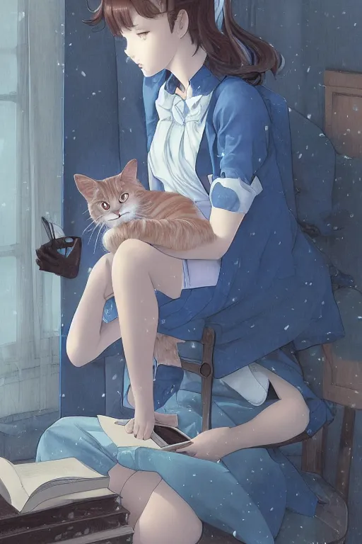 Image similar to a digital painting of a girl reading a book with a cat in A comfortable study room at night,blue and grey theme,JK uniform ,Hairdryer,blue theme,S line, by krenz cushart and mucha and range murata and greg rutkowski