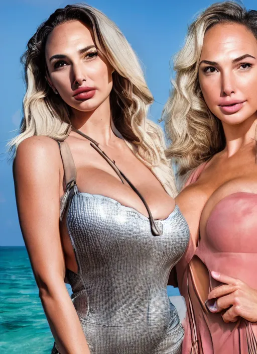 Prompt: portrait of lindsey pelas and gal gadot as secretary posing in bali, by charlotte grimm, natural light, detailed face, beautiful features, symmetrical, canon eos c 3 0 0, ƒ 1. 8, 3 5 mm, 8 k, medium - format print, half body shot