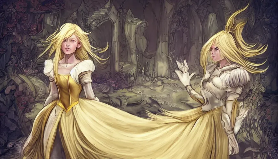 Prompt: Alice in wonderland in the aesthetic of Elden ring, blond Alice in armor,