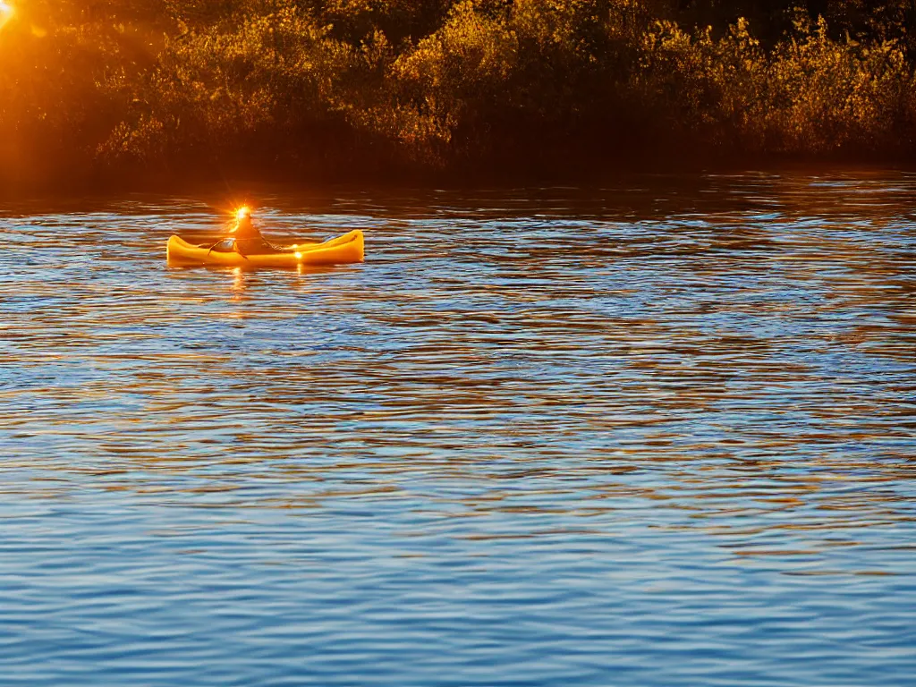 Prompt: a brown springer spaniel stood in a kayak, sunrise, beautiful early light, golden hour
