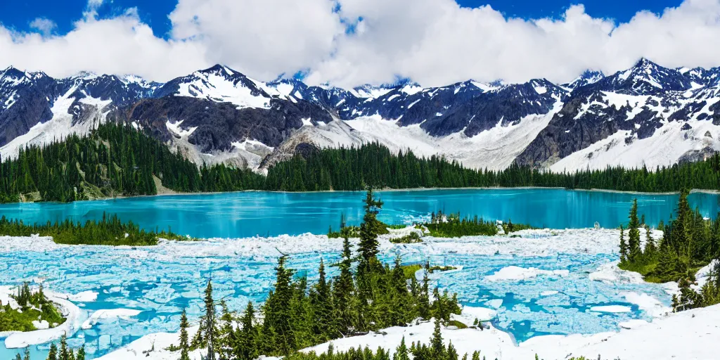 Prompt: small glacial lake, clear blue water, washington state, much green vegetation, some snow, sunny