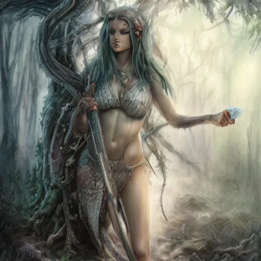 Prompt: high definition charcoal watercolor fantasy character art, beautiful female, hyper realistic, hyperrealism, luminous water elemental, snake skin armor forest dryad, woody foliage, 8 k dop dof hdr fantasy character art, by aleski briclot and alexander'hollllow'fedosav and laura zalenga