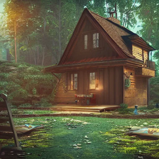 Prompt: a brown female author writing a book in a cottage in the woods, detailed digital art, trending on artstation, realistic! 8k