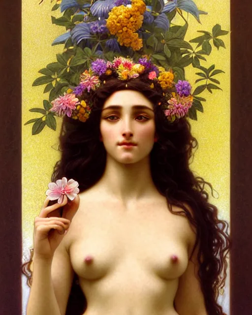 Image similar to goddess of nature, unusual beauty, fauna, flowers, plants, emotionally evoking symbolic metaphors, head in focus, fantasy, ornamental, intricate, elegant, sensual, highly detailed digital painting, artstation, concept art, painterly, golden ratio, sharp focus, illustration, art by John William Godward and Alphonse Mucha and Boris Vallejo and Arcimboldo and Zdzisław Beksiński,