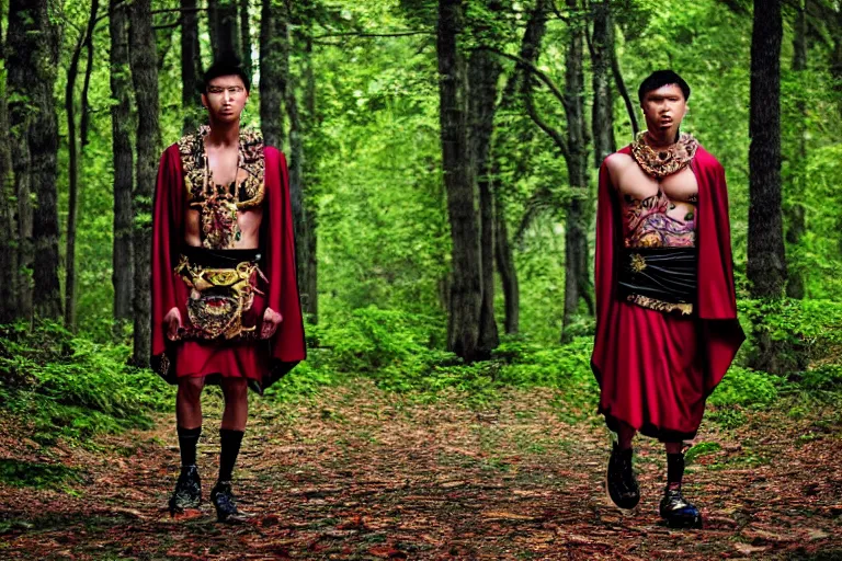 Image similar to versace avant garde male roman toga himation cloak intricate textiles streetwear cyberpunk asian american in the woods overcast late evening dramatic professional color 8 k hdr